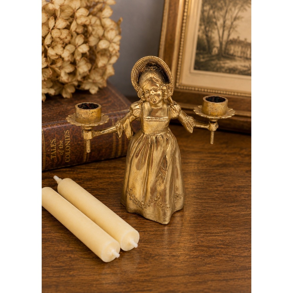 Mary Gregory Gold Tone Double Candle Holder Woman Figurine Victorian Style 4"